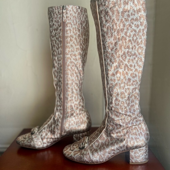 Kate Spade metallic copper and silver leopard print knee-high buckle boots. - Picture 3 of 8